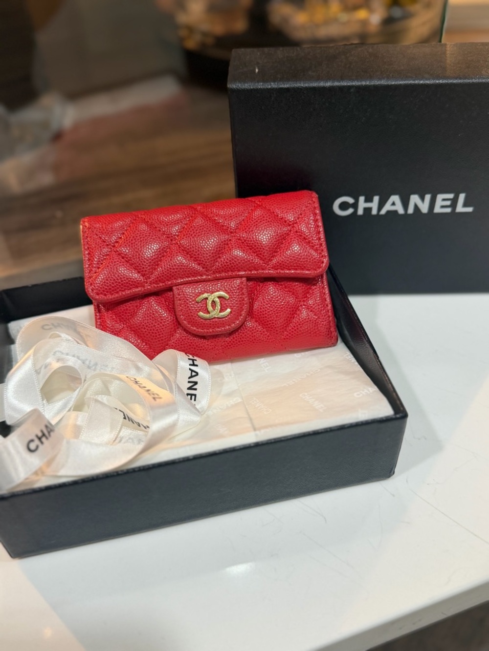 CHANEL Caviar Red Quilted Mini Wallet with Gold CC Charm